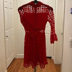 Bazar women's stand collar lace hollow out flare sleeve short elegant dress